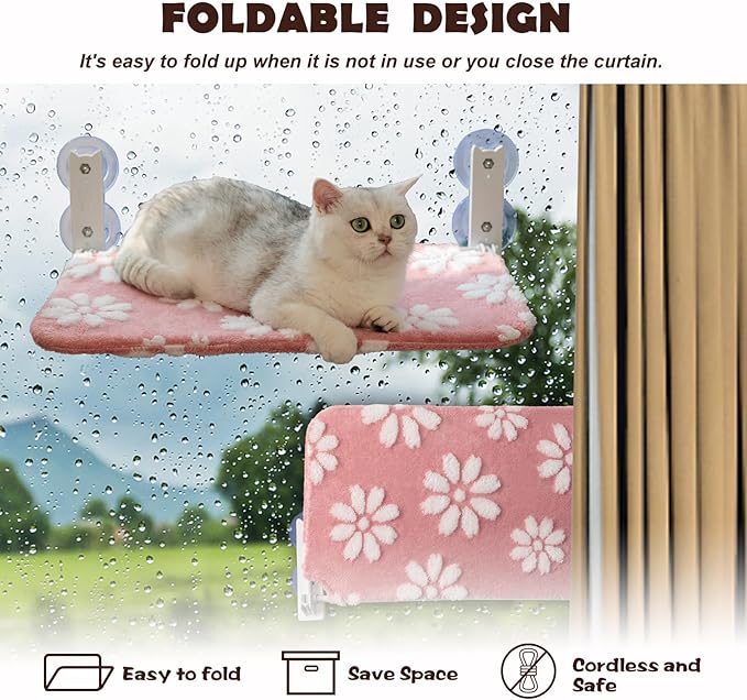 Cat Window Perch, Foldable Cat Window Hammock with Cute 3D Textured Flower Cover, Breathable Mesh Cover and Strong Suction Cups, Cordless Window Seat Bed for Indoor Cats (Pink, Medium)