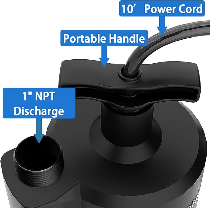 Lanchez Sump Pump, 1/2 HP 2450GPH Submersible Water Pump, Utility Pump Thermoplastic Portable Electric Transfer Pump for Hot Tub Swimming Pool Basement Garden Pond Tubs Draining with 10FT Cord