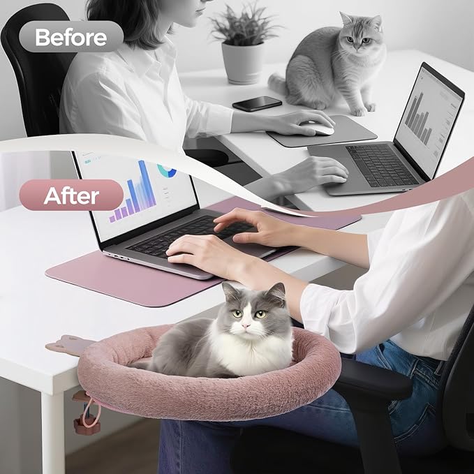 Rotating Cat Desk Bed - 40 LBS Chair-Side Cat Sleeping Basket with Bed for Desk, 360° Swivel & Removable Washable Cushion for Office Comfort(Brown