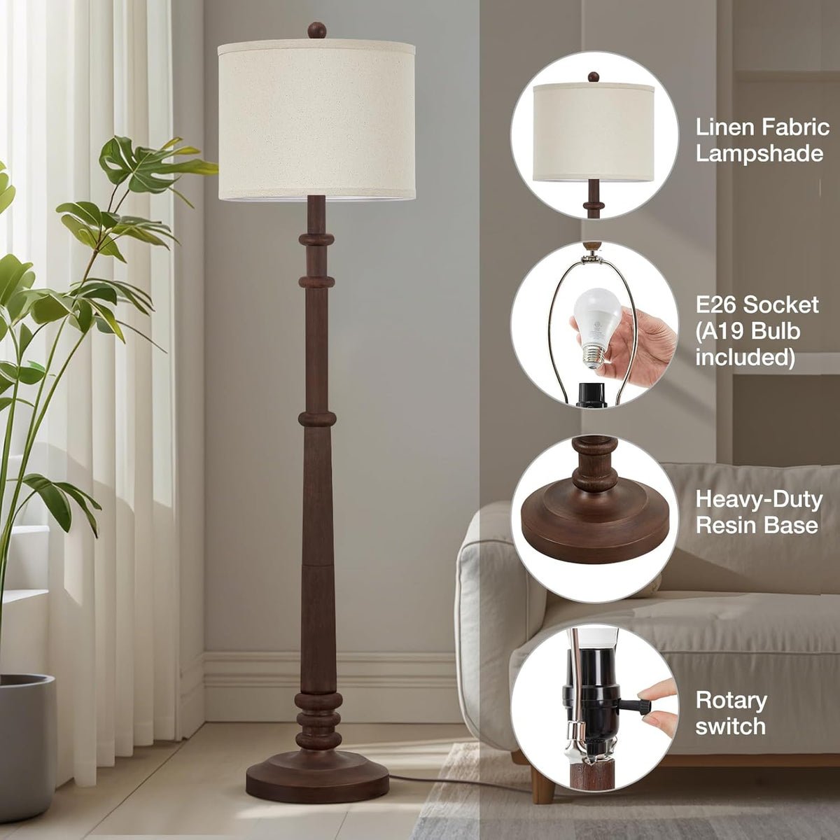 Floor Lamps for Living Room - 60" Resin Farmhouse Floor Lamp with 3 Color Temperatures - Vintage Standing Lamp Reading Light with Linen Shade Tall Lamp for Bedroom Office, Reddish Brown