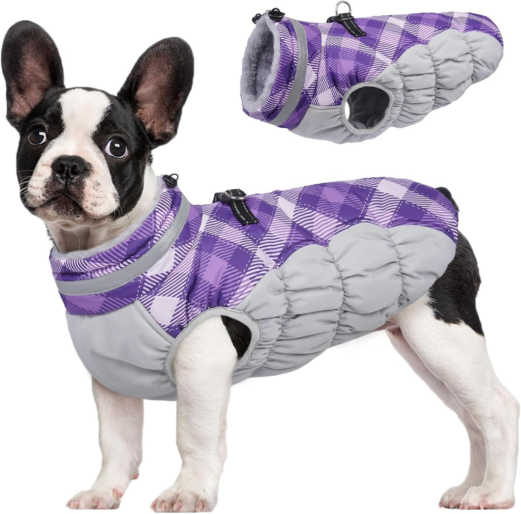 FUAMEY Dog Coat for Medium Dogs,Waterproof Dog Winter Jacket with Harness Built in Puppy Cold Weather Coats Reflective Pet Vest with Zipper Warm Fleece Dogs Snowsuit Windproof Purple Plaid M