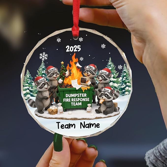 NAZENTI Personalized Funny Raccoon Fire Response Ornament, Custom Burning Dumpster Holiday Decoration, Coworker Christmas Glass Hanging Gift