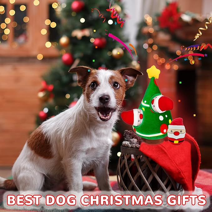 Christmas Dog Toys, Dog, Xmas Christmas Tree, Santa Claus Hide and Seek Puzzle Squeaky Plush Rope Chew Fetch Brain Stimulating Toy Presents for Small Medium Dogs