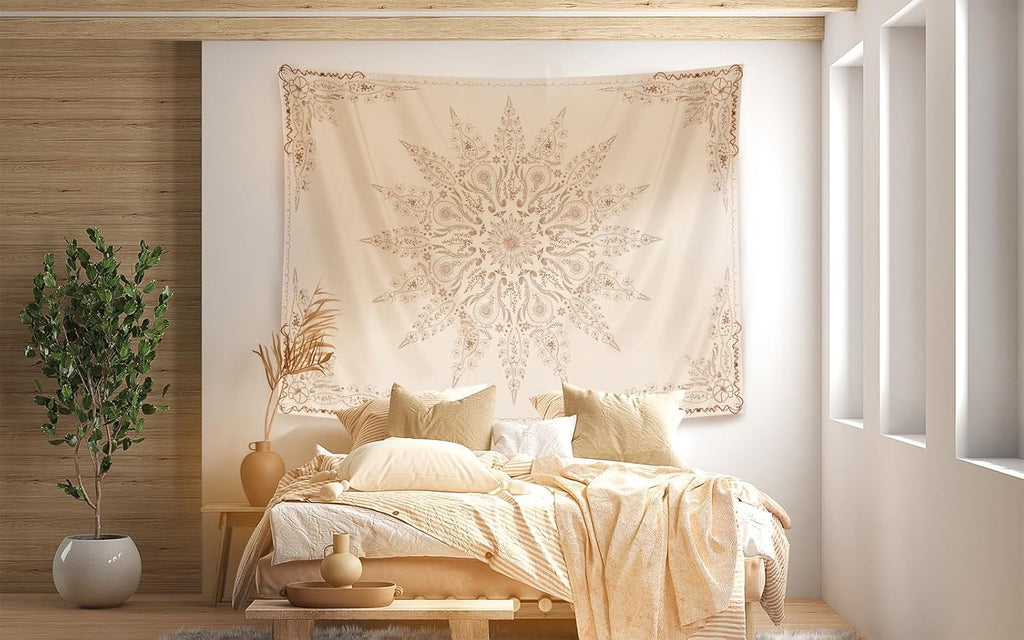 Damanse Floral Tapestry Wall Hanging Cute,Boho Wall Tapestry for Bedroom Aesthetic,Mandala Living Room Decor for Teen Girls (Flaxen, 59.80" x 78.70")