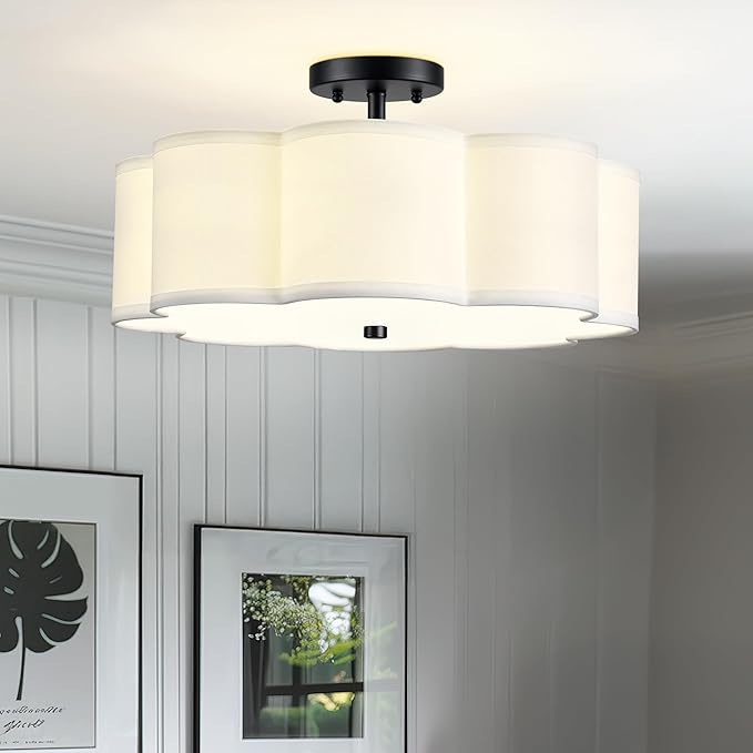 Black Semi Flush Mount Ceiling Lights, 4-Light 18" Ceiling Light Fixtures with Fabric Shade in Flower Shape, Farmhouse Drum Lighting for Nursery Bedroom Kitchen, AD-22009-4SF-BK