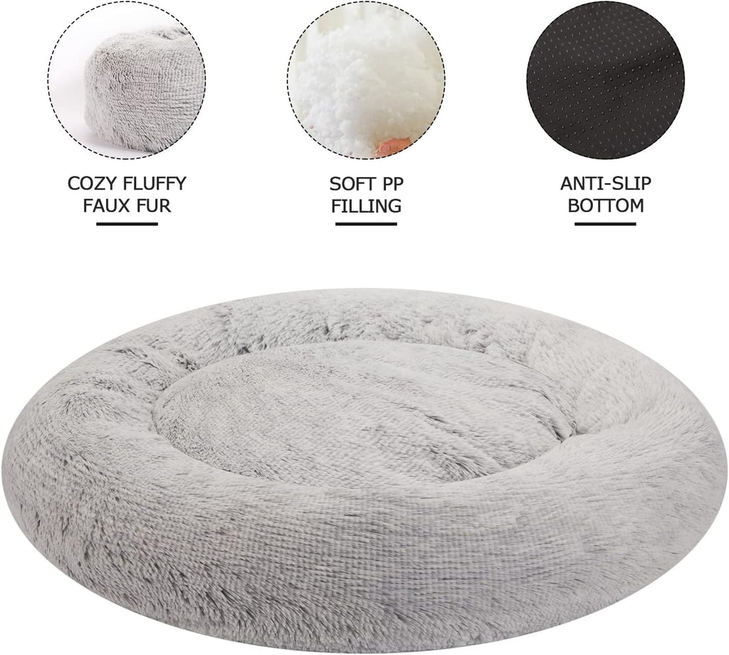 Bedfolks Calming Donut Dog Bed, 36 Inches Round Fluffy Dog Beds for Large Dogs, Anti-Anxiety Plush Dog Bed, Machine Washable Pet Bed (Light Grey, Large)