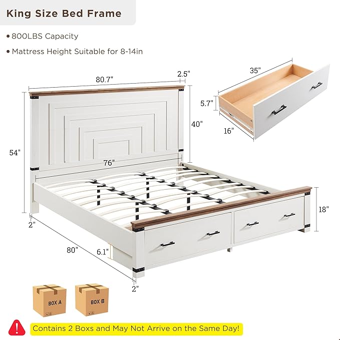 RedLemon Farmhouse King Size Bed Frame w/ 54" Tall Geometric Headboard, Rustic Wood Platform Bed w/ 2 Large Storage Drawers, Wood Slats Support, Noise Free, No Box Spring Needed, Antique White