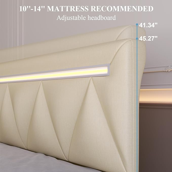 Full Size Bed Frame with LED Lights and Charging Station, Faux Leather Linen Fabric Adjustable Headboard,Modern Upholstered Bed, Sturdy Wood Slat Support, Easy Assemble, Beige