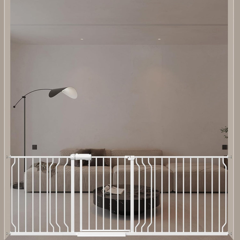 ALLAIBB Extra Wide Pressure Mounted Baby Gate Walk Through Child Kids Safety Toddler Tension White Long Large Pet Dog Gates with Extension for doorways Kitchen (71.65-85.03"/182-218cm, White)