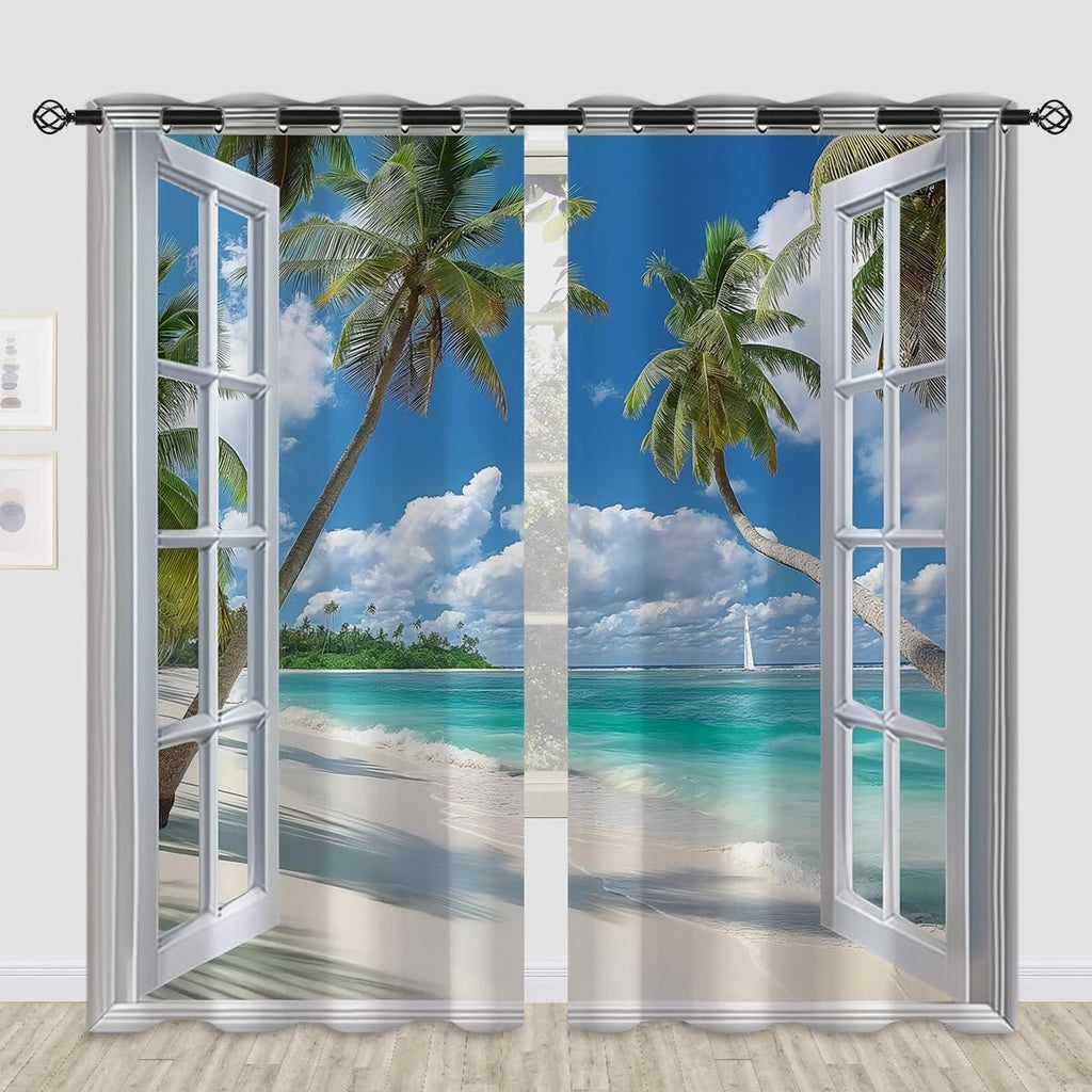 Beach Blackout Curtains for Girls Boys Teens Home Decor, Tropical Summer Scene Ocean Island Palm Tree Grommet Thermal Insulated Drapes Darkening Window Curtain for Bedroom Living Room, 84 x 84 Inch