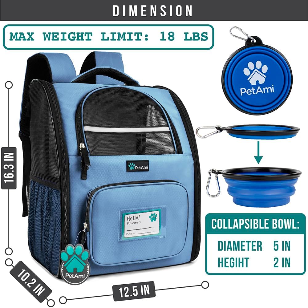 PetAmi Dog Backpack Carrier for Small Large Cat, Pet, Puppy, Ventilated Pet Hiking Backpack Travel Bag, Airline Approved Cat Backpack Carrier, Camping Biking Dog Bag Up to 18lbs Pet, Light Blue