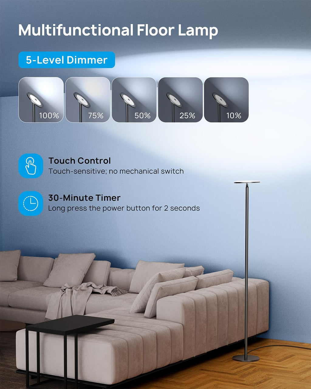 TROND Floor Lamp, Bright Sky LED Modern Torchiere Lamp, 71 in Tall Aluminum Pole Light, 5500K Natural Daylight Standing Light, Touch 5-Level Dimmable, 5000 lm, 30 Mins Timer for Living Room Bedroom