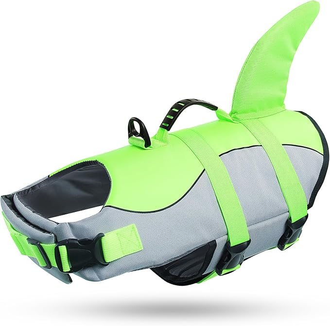 Dog Life Jacket Ripstop Shark Dog Safety Vest Adjustable Preserver with High Buoyancy and Durable Rescue Handle for Small,Medium,Large Dogs, Green Shark Medium
