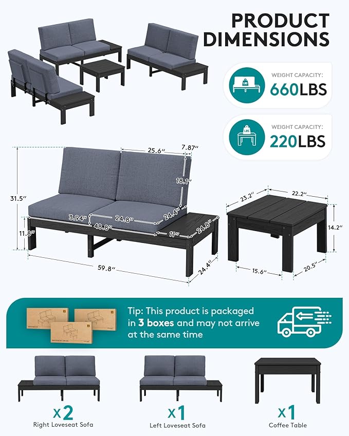 SERWALL HDPE Outdoor Sofa Set, All-Weather Patio Furniture Set, Seats 6, Modular Sectional Patio Furniture for Deck, Yard and Balcony, Black Frame with Grey Cushion