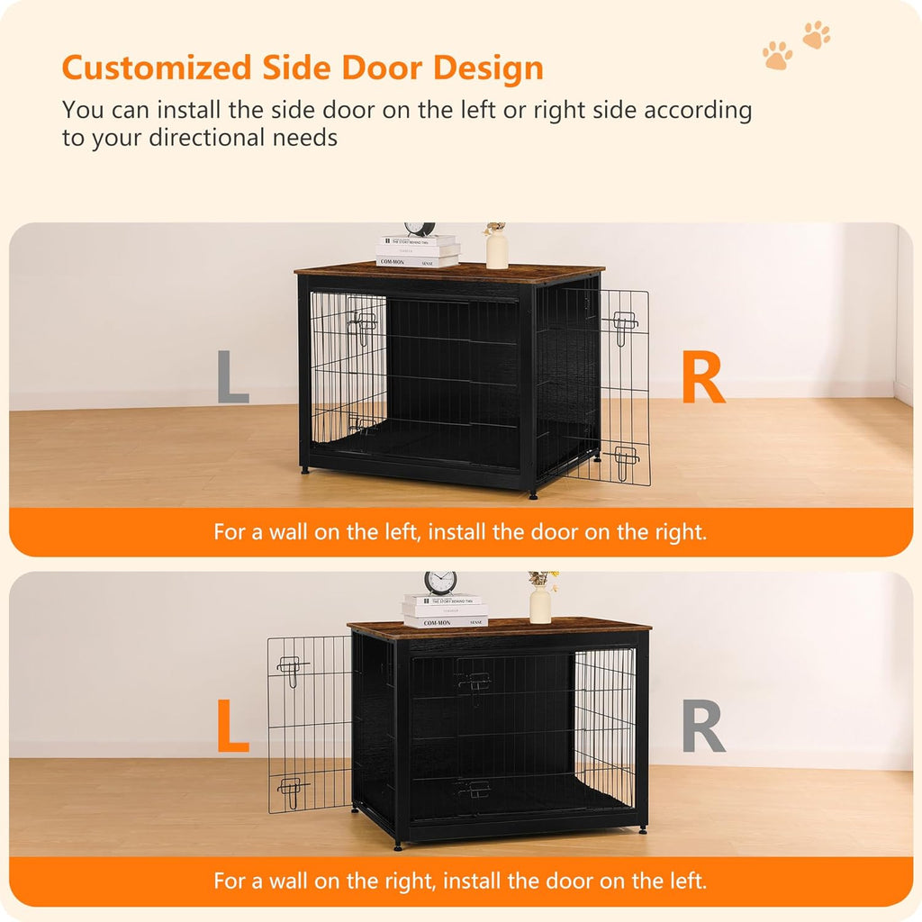 DWANTON Dog Crate Furniture with Cushion, Wooden Kennel Table with Double Doors, Indoor Dog House, Large Size, 38.5" L, Black+Rustic Brown
