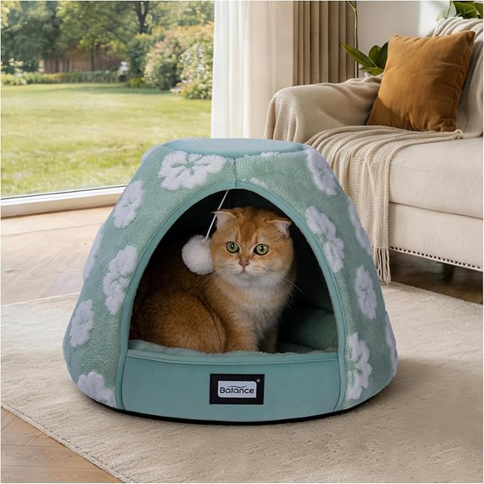BALANCE Cat Beds for Indoor Cats, 2-in-1 Cat Bed Cave with Anti-Slip Bottom and Ultra-Soft Plush, Cozy Cats House Tent for Kittens and Small Dogs, 19 Inches, Green