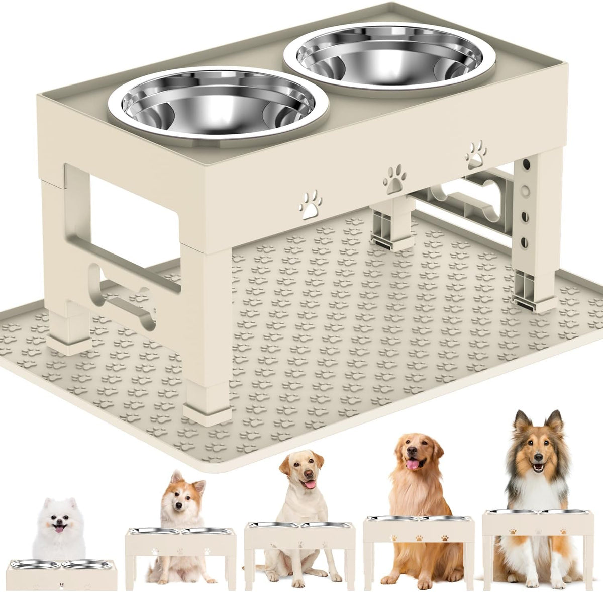 Elevated Dog Bowls with Mat, Raised Dog Food Bowl Stand with 2 Stainless Steel Bowls, 5 Height Adjustable (3.1", 9", 10", 11", 12") Non-Slip Feeder Set for Medium and Large Dogs – Apricot