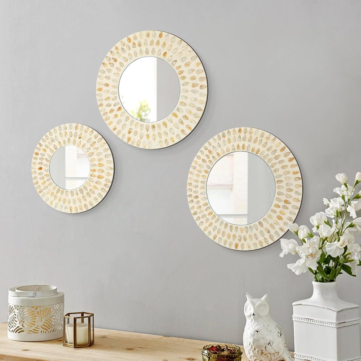 Boho Mirror Wall Decor for Living Room, 3PCS Natural Mother of Pearl Decorative Mirror for Farmhouse Rustic Home, Hanging Sculptures for Women Bedroom Hallway Porch Decoration (Light Brown)