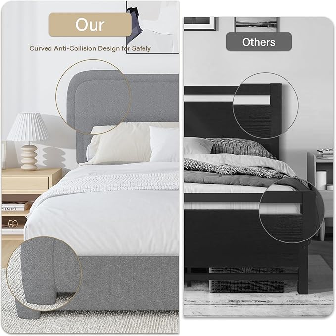 BarnFurin King Size Boucle Bed Frame and Headboard, Cloud Upholstered Platform Bed Frame, Modern Style, Soft Rounded Corners, No Box Spring Required, Easy Assembly, Light Grey