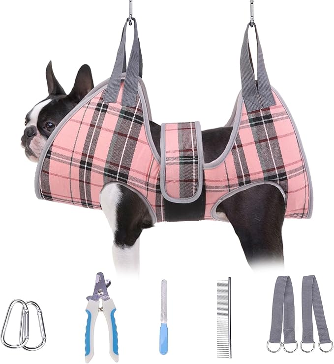 BEAUTYZOO Dog Grooming Hammock for Small Dogs Cat- Dog Sling for Nail Trimming/Clipping- Dog Hanging Harness Holder with Thick Fabric Neck Support & Strap Restraint Claw Care, Pink M