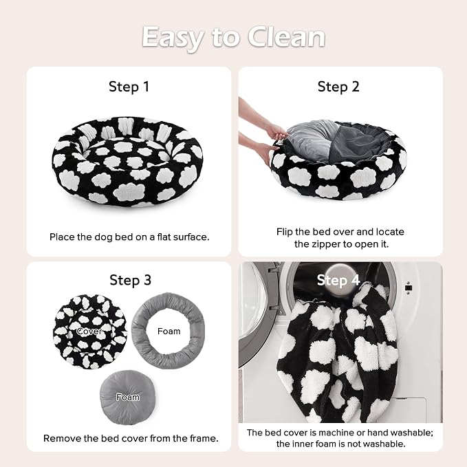 JOEJOY Jacquard Donut Round Small Dog Beds,Black 23x23x7in, Removable Washable Cover, Cute Pattern, Ultra Soft Fluffy Calming Pet Bed with Thick Supportive Bolster