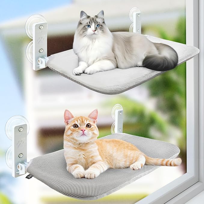 Sunhoo 2PCS Cat Window Hammock Perch Cordless Window Sill Seat Bed Foldable Kitty Lounger Indoor Cats Shelf Stable Upgraded Suction Cup Easy Assembly 20.5 * 11.8in Hold Up to 55lbs (Grey, M)