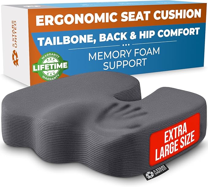 5 STARS UNITED Seat Cushion for Tailbone Pain Relief – Large Memory Foam Lifting Pillow for Coccyx, Hip, Sciatica & Post-Surgery Recovery – Wheelchair, Car, Desk, Gaming & Office Chairs, Dark Gray