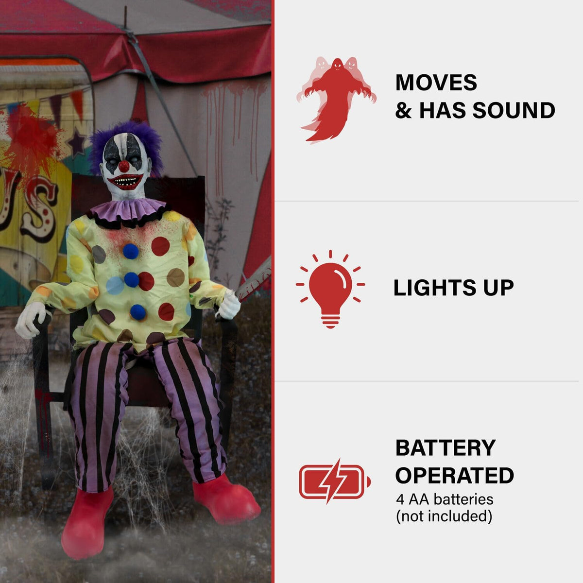 Haunted Hill Farm Motion-Activated Thrashing Clown with a Meat Cleaver by Tekky, Sitting Halloween Animatronic for Indoor or Covered Outdoor Creepy Halloween Decorations, Plug-in or Battery Operated