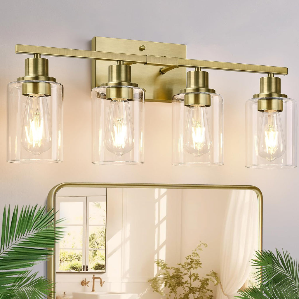4 Light Bathroom Light Fixtures, Brass Vanity Lights for Bathroom with Clear Glass Shades, Modern Bathroom Wall Sconces for Mirror Living Room Cabinet