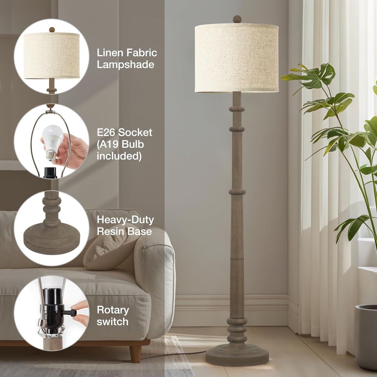 Floor Lamps for Living Room - 60" Resin Farmhouse Floor Lamp with 3 Color Temperatures - Vintage Standing Lamp Reading Light with Linen Shade Retro Tall Lamp for Bedroom Office, Grey