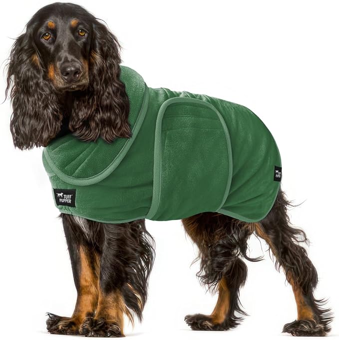 Tuff Pupper Fast Drying Dog Bath Robe | 800 GSM Plush Dog Towel Bathrobe/Dressing Gown | Super Absorbent Pet/Puppy Bathrobe | Adjustable Hood & Belly Strap | Super Soft | Fast Drying (M, Green)