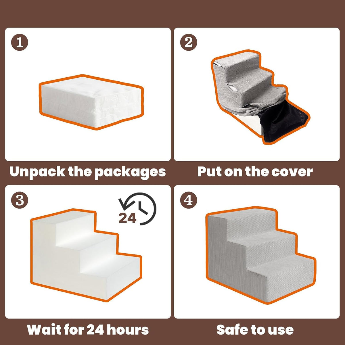 MEWANG Dog Stairs for Small & Medium Dogs and Old Cats –3/4/ 5 Steps High-Density Foam Pet Ramp for Bed & Couch, Non-Slip, Washable Cover, Grey (Square Corner, 5 Steps: 29.92''×22.83''×15.75'', 2)