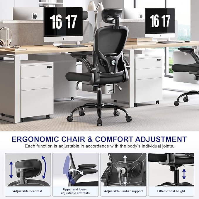 Ergonomic Office Chair - Adjustable Lumbar Support and Headrest, High Back Desk Chair with Flip-Up Arms for Home Office, 90-120° Tilt & Swivel Rolling Task Chair (Black)