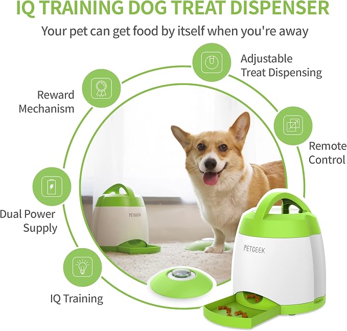 PETGEEK Automatic Dog Treat Dispenser with Button - Puzzle Memory Training Feeder, Pet Geek Button Treat Food Dispensing Toys Interactive, Iq Training Dog Feeder (Green)