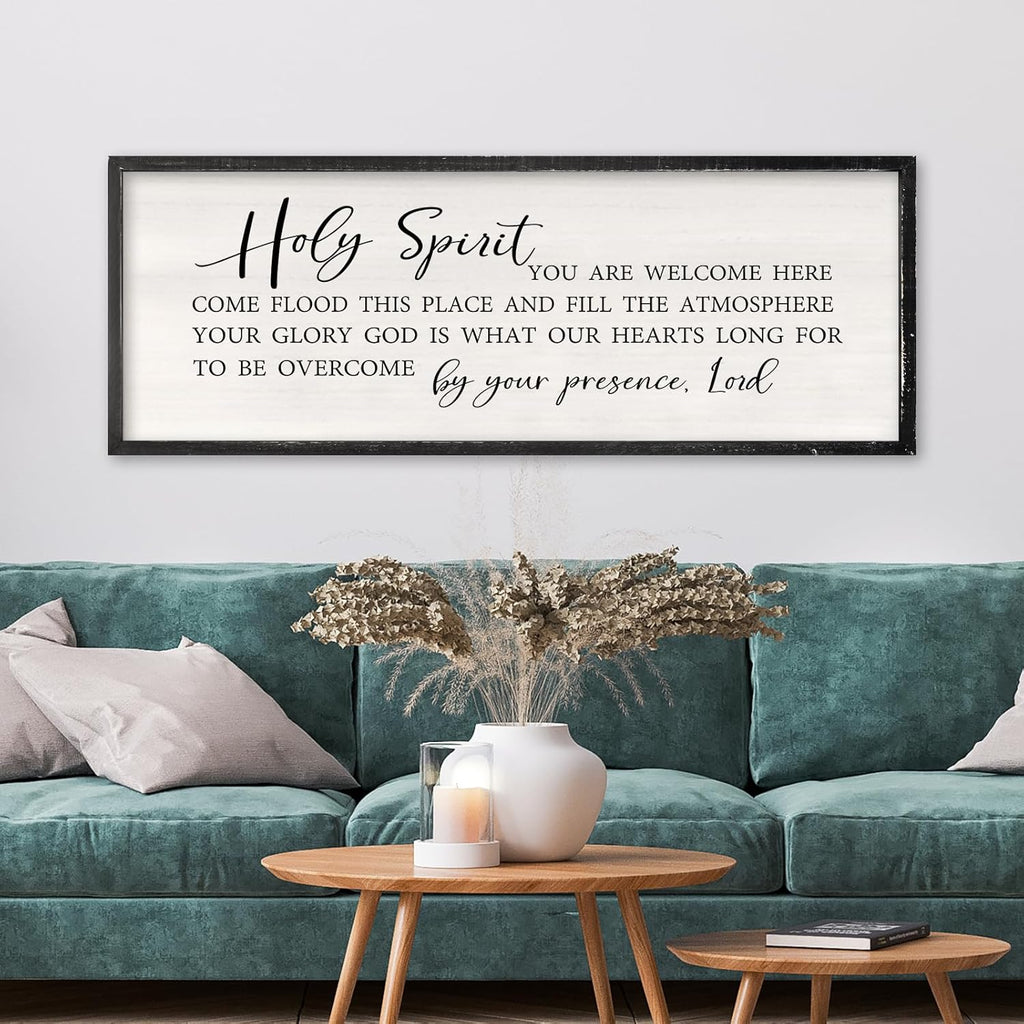 Holy Spirit You are Welcome Here Wall Decor Art 40x15 Inch Large Christian Song Bible Verse Plaque Wood Framed Sign Living Room Scripture Quote Religious For Office Wall Hanging (Black)