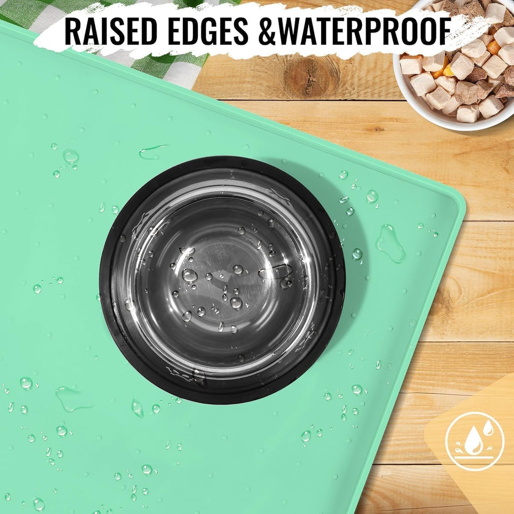 MateeyLife Dog & Cat Food Mat - Waterproof, Nonslip, Raised Edges, Silicone Tray for Messy Drinkers, 24"x16", Mint Green