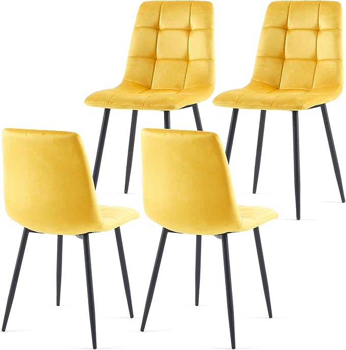 NORDICANA Yellow Velvet Dinner Chairs Set of 4, Modern Armless Biscuit Tufted Dining Side Chairs with Metal Legs for Kitchen Living Room Vanity