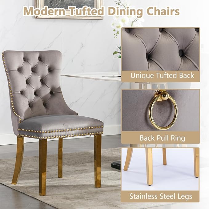 Goujxcy Modern 5 Piece Glass Dining Table Set Luxury Glass Kitchen Table and Chair Set for 4, 70" Large Rectangular Dining Room Table with 4 Tufted Chairs and Stainless Steel Legs (Gold & Grey)