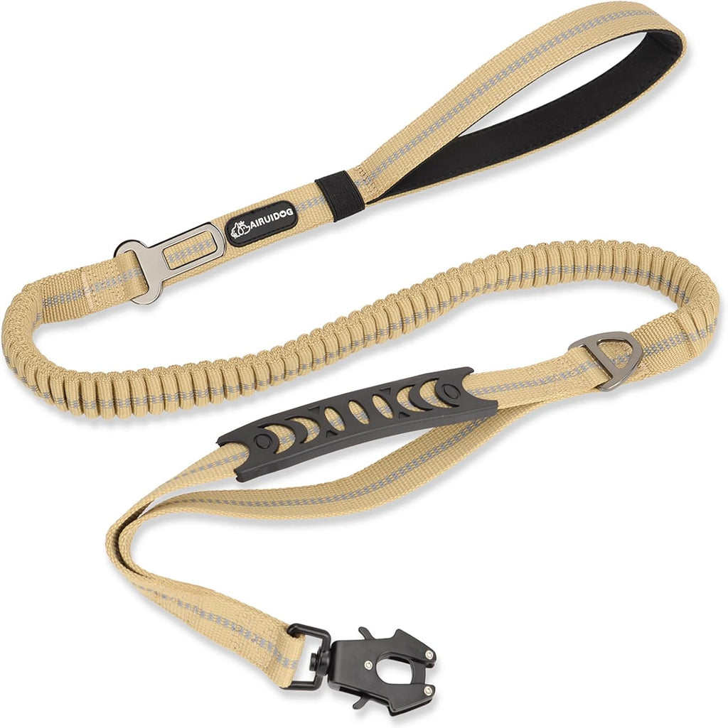 Heavy Duty Tactical Bungee Dog Leash, 4-6FT Shock Absorbing Tactical Leash with 2 Padded Handles, Metal Carabiner Clip,Car Seatbelt, Reflective Dog Leashes for Medium Large Dogs (Brown)