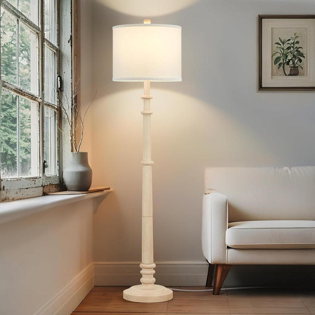 Floor Lamps for Living Room - 60" Resin Farmhouse Floor Lamp with 3 Color Temperatures - Vintage Standing Lamp Reading Light with Linen Shade Rustic Tall Lamp for Bedroom Office, Oatmeal Wash