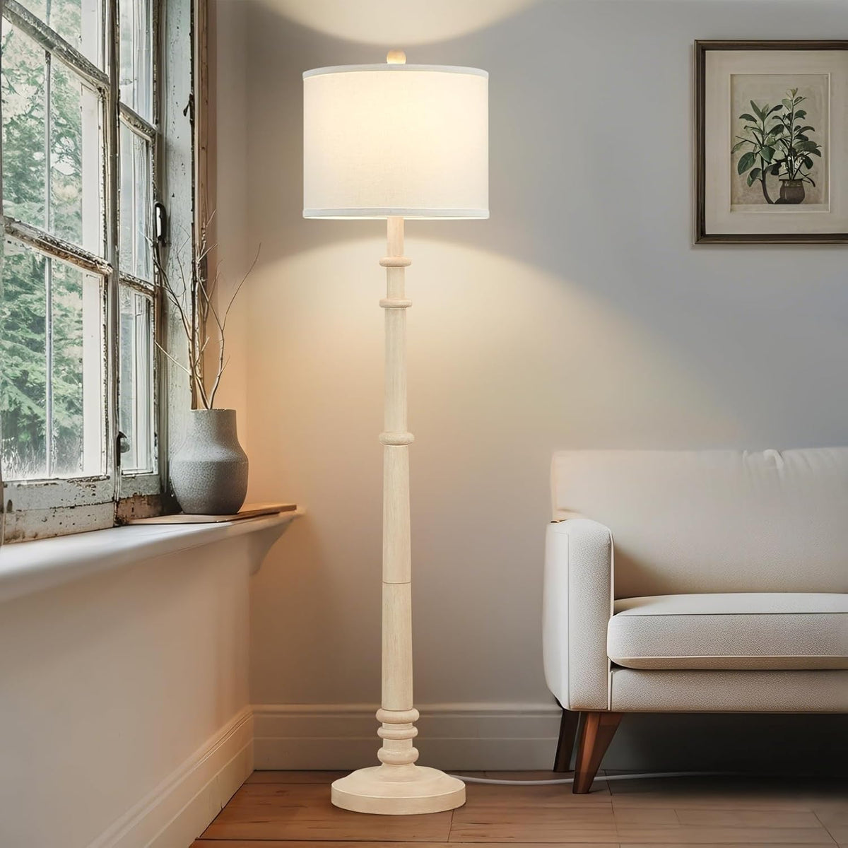 Floor Lamps for Living Room - 60" Resin Farmhouse Floor Lamp with 3 Color Temperatures - Vintage Standing Lamp Reading Light with Linen Shade Rustic Tall Lamp for Bedroom Office, Oatmeal Wash