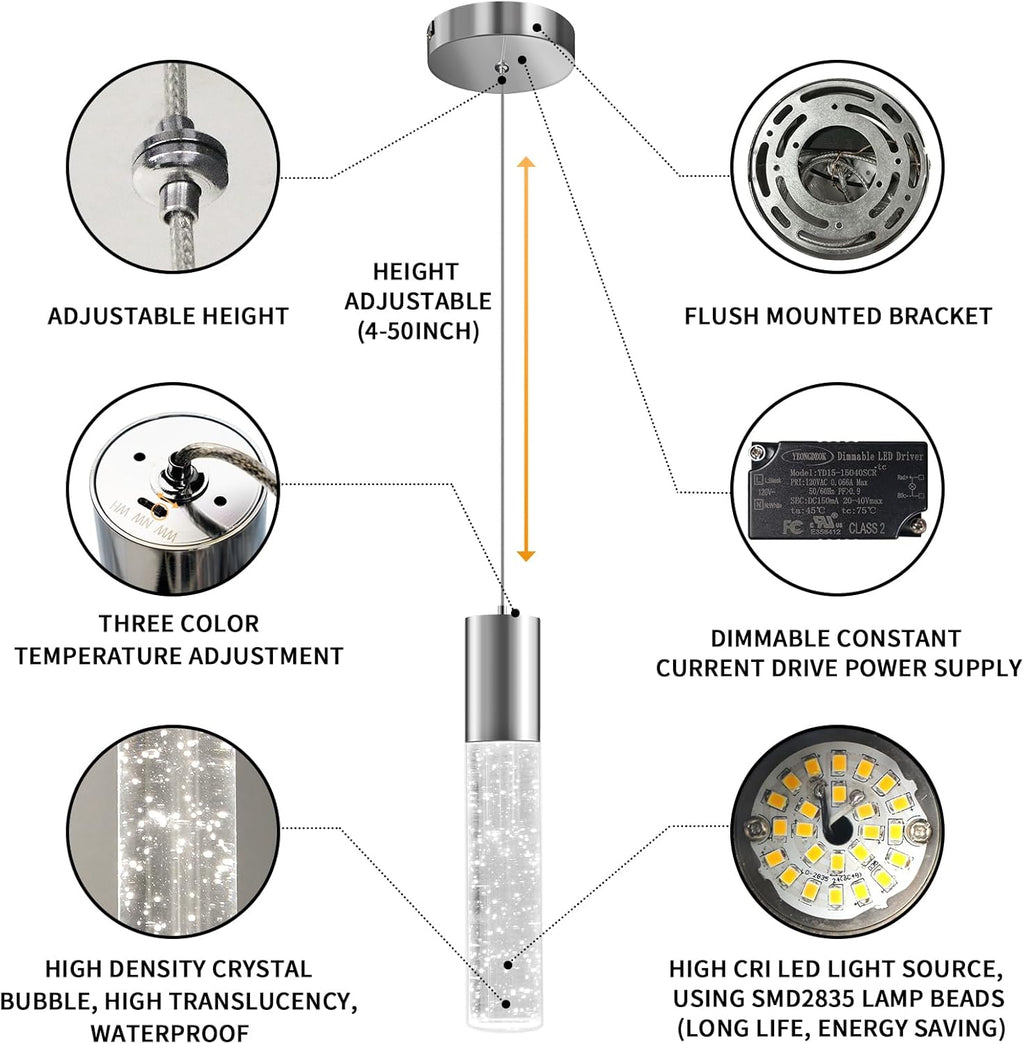 OKELI Modern Pendant Light,3 Color LED Bubble Crystal Island Light Fixtures,Chrome Mini Pendant Lighting for Kitchen Island,Bar,6W,3000-6000K,ETL