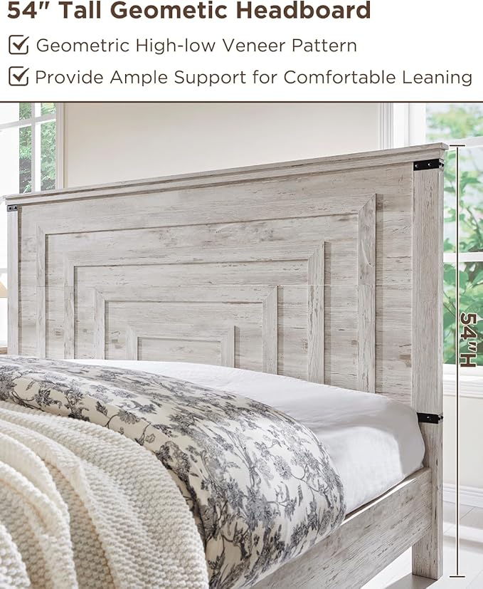 T4TREAM Farmhouse King Size Bed Frame with 54" Tall Geometric Headboard & 2 Large Storage Drawers, Rustic Wood Platform Bed with Wood Slats Support, No Box Spring Needed, Antique Brushed White
