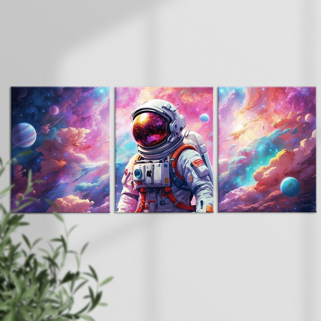 Outer Space Room Decor Astronaut Wall Art Canvas Prints Framed Artwork Space Themed Bedroom Playroom Nursery Decorations, Teen Boy Girl Room Decor, 3 Panels
