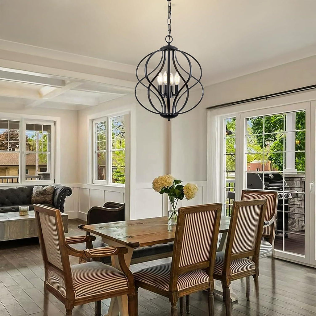 Modern Black Chandelier for Dining Room, 4 Lights Geometric Chandeliers, Sphere Chandelier Industrial Large Pendant Light Fixtures Hanging for Kitchen, Entryway, Foyer, Stairs