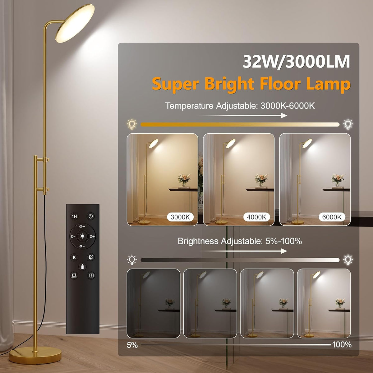 SUNMORY 32W/3000LM Floor Lamps, Super Bright LED Standing Lamp with Remote Control, Adjustable Tall Lamp with 350°Rotating Head, Modern Dimmable Torchiere Corner Lamp for Living Room, Bedroom, Office