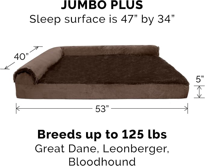 FurHaven Orthopedic Dog Bed & goDog Toy - Squeaky Plush Fat Rooseter with Chew Guard Technology for Large Dogs - Plush & Velvet L Shaped Chaise - Sable Brown, Jumbo Plus/XXL