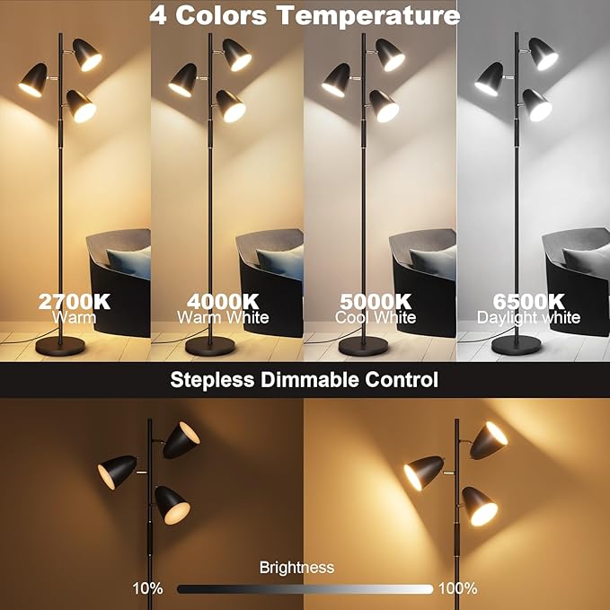 QiMH LED Floor Lamp for Living Room, Modern Dimmable Standing Lamp with 4 Color Temperature,Remote and Touch Control, Tree Floor Lamp for Bedroom with 3 Rotatable Lights Bright Stand up Lamp, Black