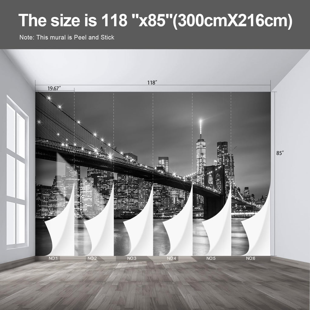 Gray Brooklyn Bridge at Night NYC Wall murals New York Peel and Stick Wallpaper for Bedroom Living Room - 85"x118"