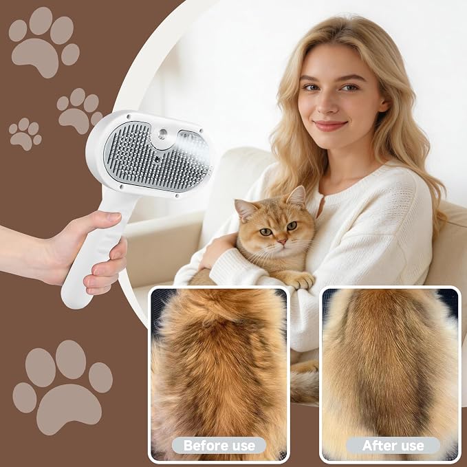 Pet Steam Brush for Dogs & Cats, 3-in-1 Shedding Grooming Tool | Self Cleaning Spray Comb with Mist, Dog Brush for Shedding, Cat Brush for Hair Removal, Long Haired Pets, 2 Waterless Shampoo